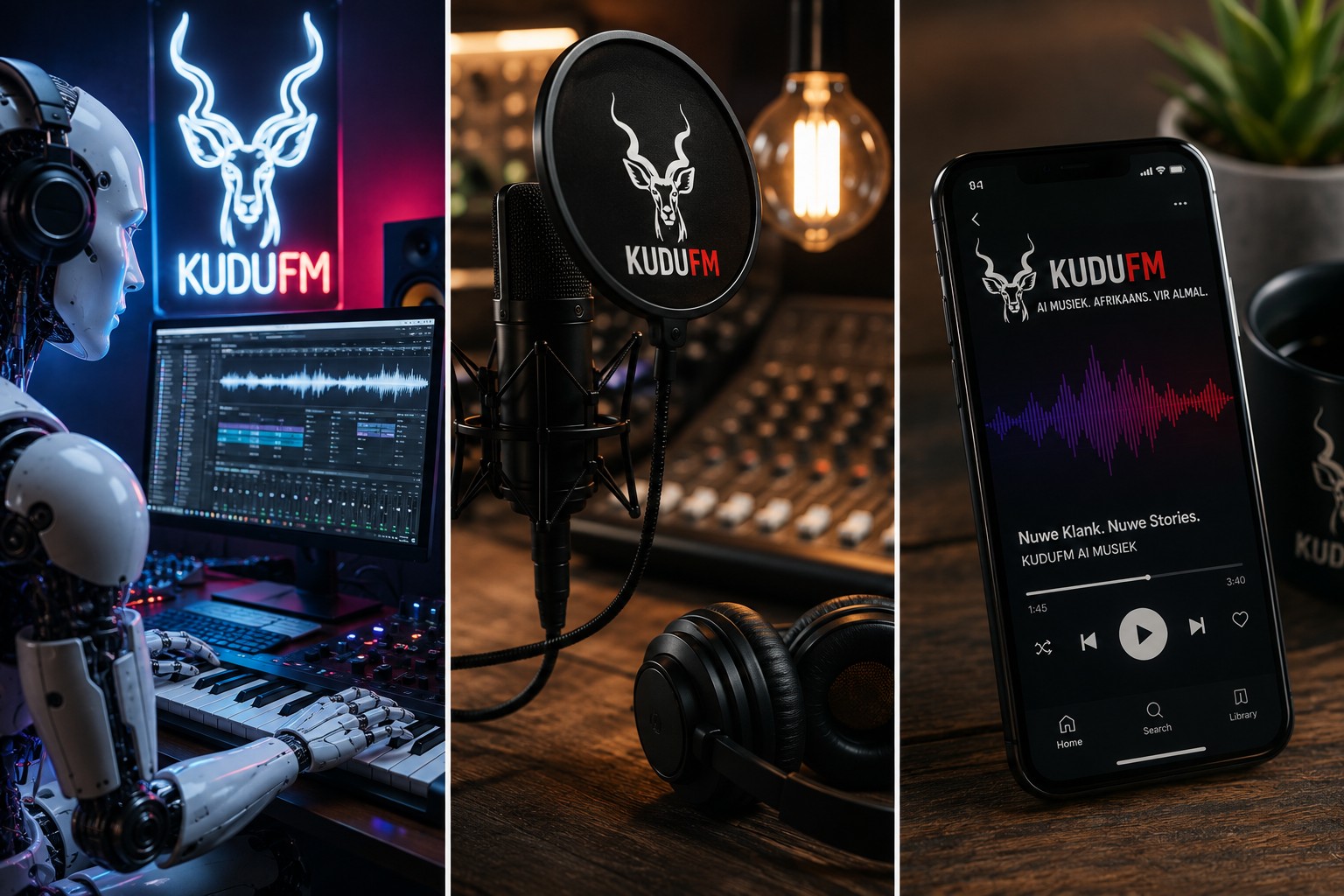Kudu FM AI-musiek ateljee, mikrofoon en mobiele luisterervaring