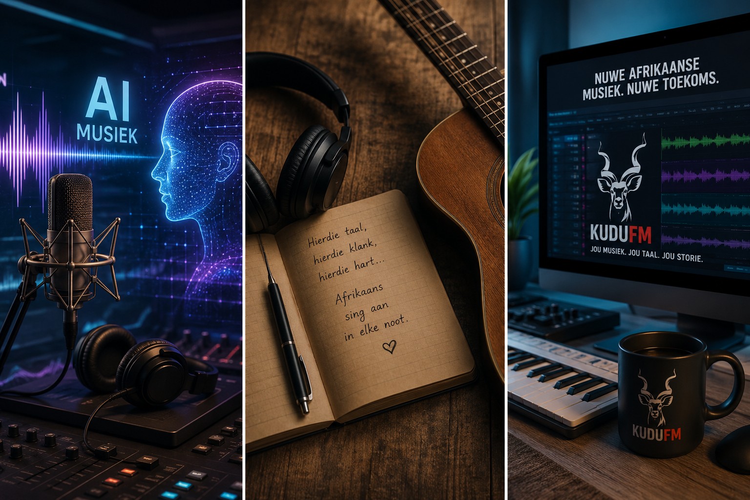 Kudu FM AI-musiek konsep met mikrofoon, musiekproduksie en digitale klank