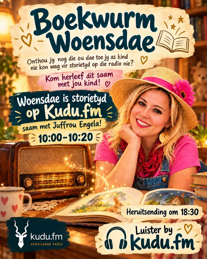 Juffrou Engela se plakkaat vir Boekwurm Woensdae: Woensdae is storietyd op Kudu FM, 10:00 tot 10:20, heruitsending om 18:30.