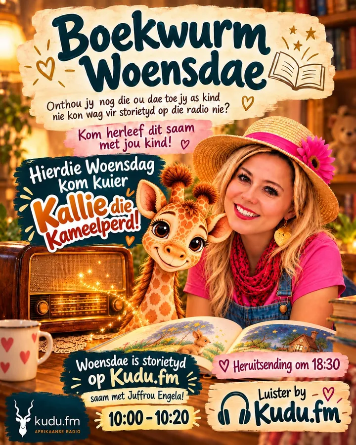 Juffrou Engela se plakkaat: Hierdie Woensdag kom kuier Kallie die Kameelperd, Boekwurm Woensdag op Kudu FM om 10:00.