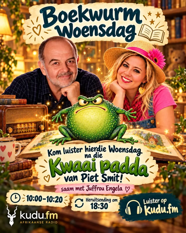 Juffrou Engela se plakkaat: Kom luister hierdie Woensdag na die Kwaai Padda van Piet Smit, saam met Juffrou Engela, 10:00 tot 10:20, heruitsending om 18:30.