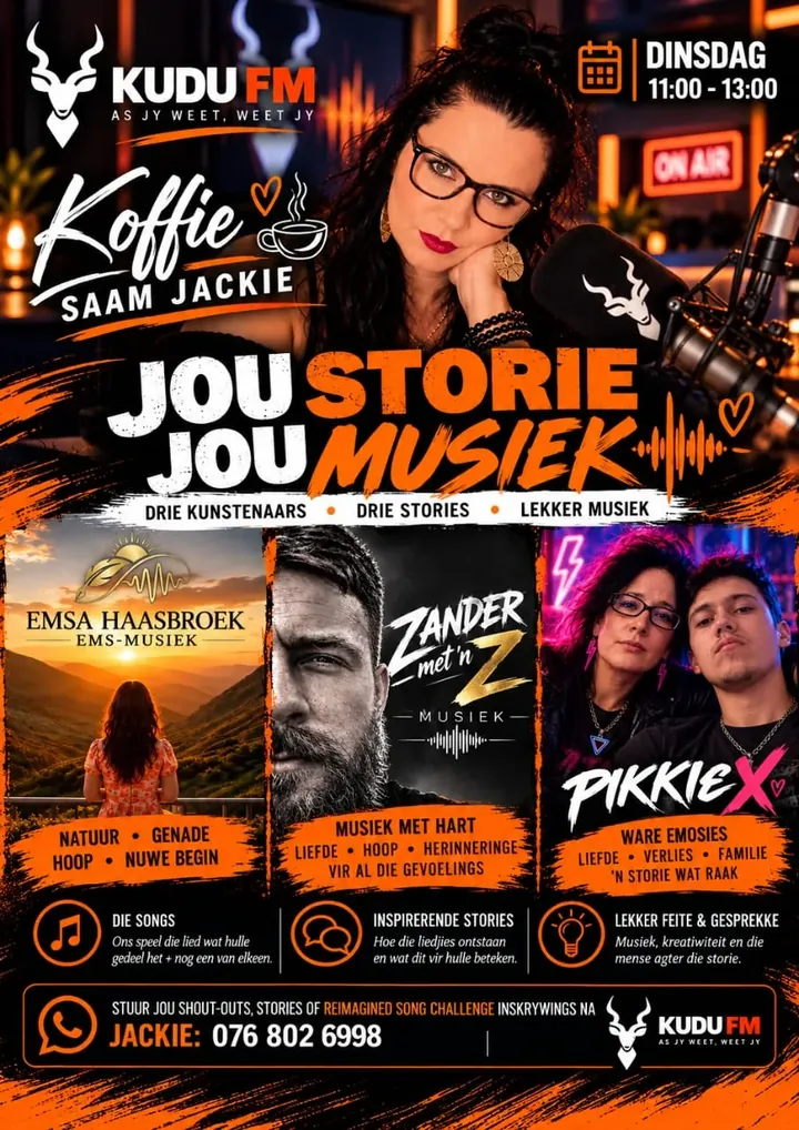 Jackie se plakkaat vir Jou Storie, Jou Musiek op 6 Oktober, met die kunstenaars Emsa Haasbroek, Zander met ’n Z en PikkieX.
