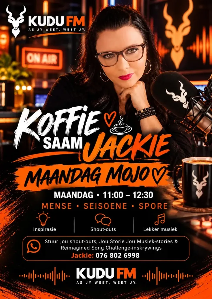 Jackie se plakkaat vir Maandag Mojo: Koffie saam Jackie, Maandag 11:00, mense, seisoene, spore.