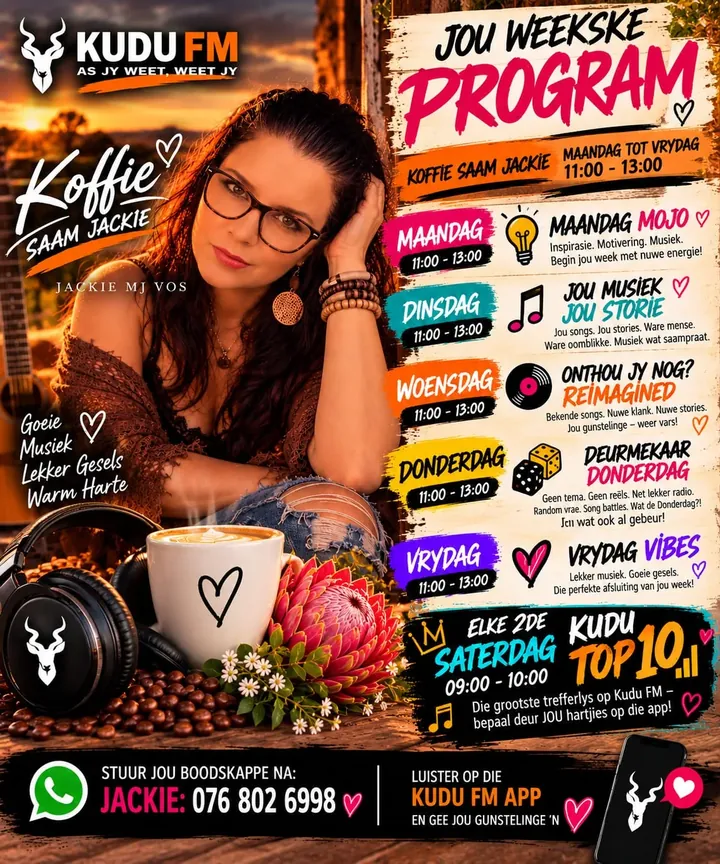 Jackie se weeklikse program: Maandag Mojo, Jou Musiek Jou Storie, Onthou Jy Nog? Reimagined, Deurmekaar Donderdag, Vrydag Vibes en elke tweede Saterdag die Kudu Top 10.