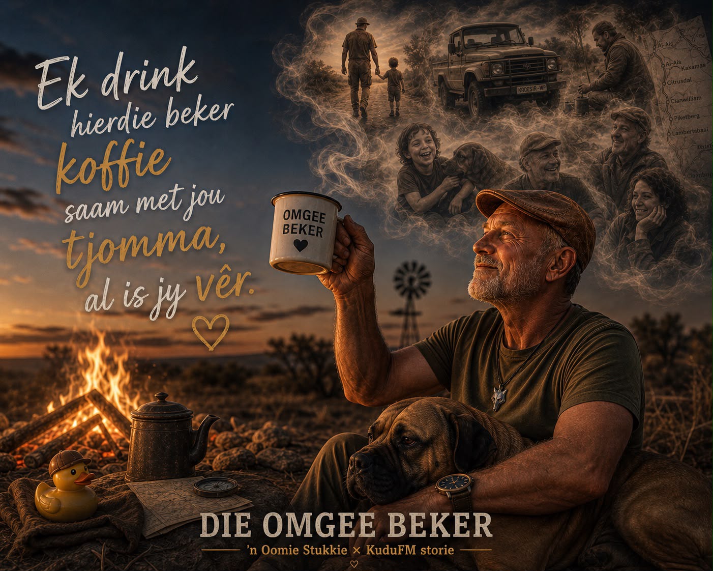 Oomie lig sy Omgee Beker by die vuurkie — Bromgat lê teen hom, Ducky sit by die ketel, en in die rook hang herinneringe aan tjommas en die bakkie Kroesir