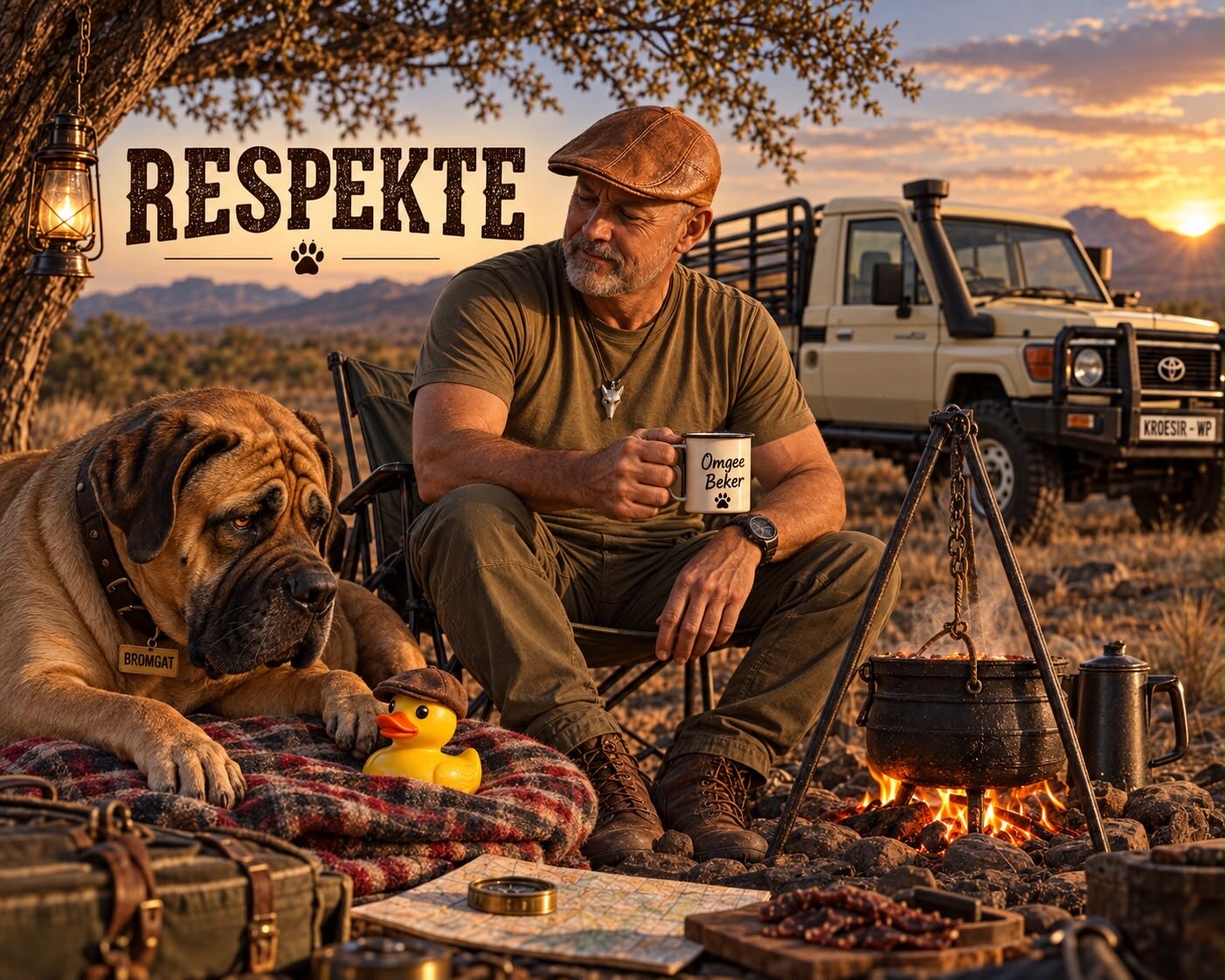 Oom Stukkie by die vuurkie met sy Omgee Beker, Bromgat op die kombers, Ducky langs hom, die driepootpot oor die vuur en Kroesir agter