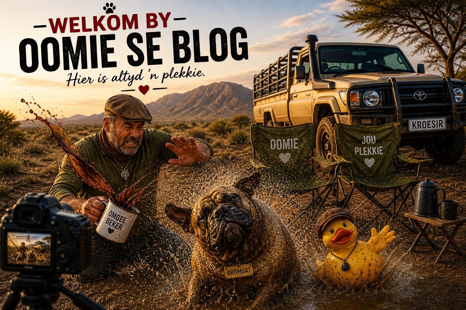 Oom Stukkie by die vuurkie: Bromgat skud die reën uit sy hare, Ducky vlieg eenkant, en die bakkie Kroesir staan agter die stoele