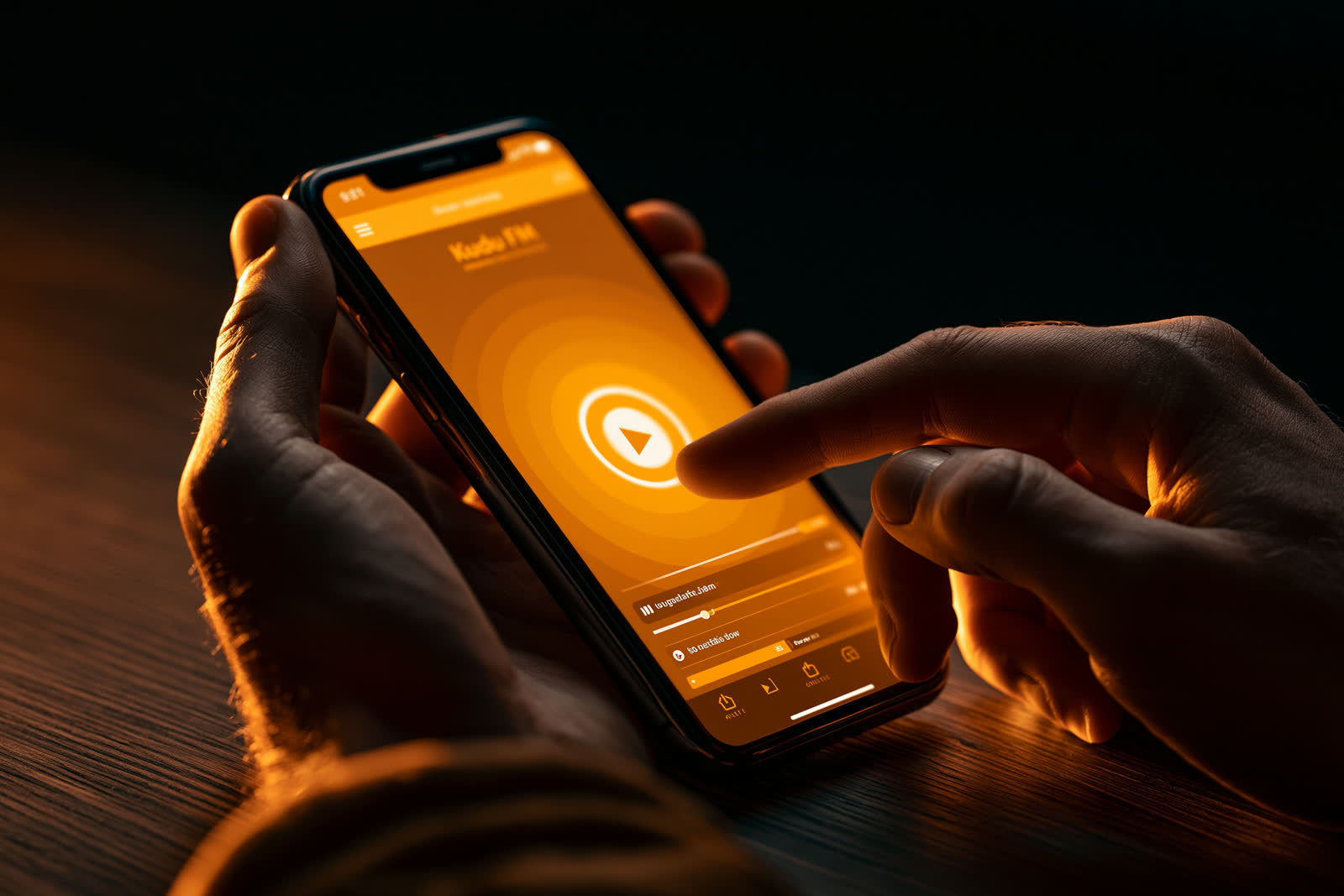 'n Hand wat die kudu.fm-app speel, warm amber-gloed teen die donker