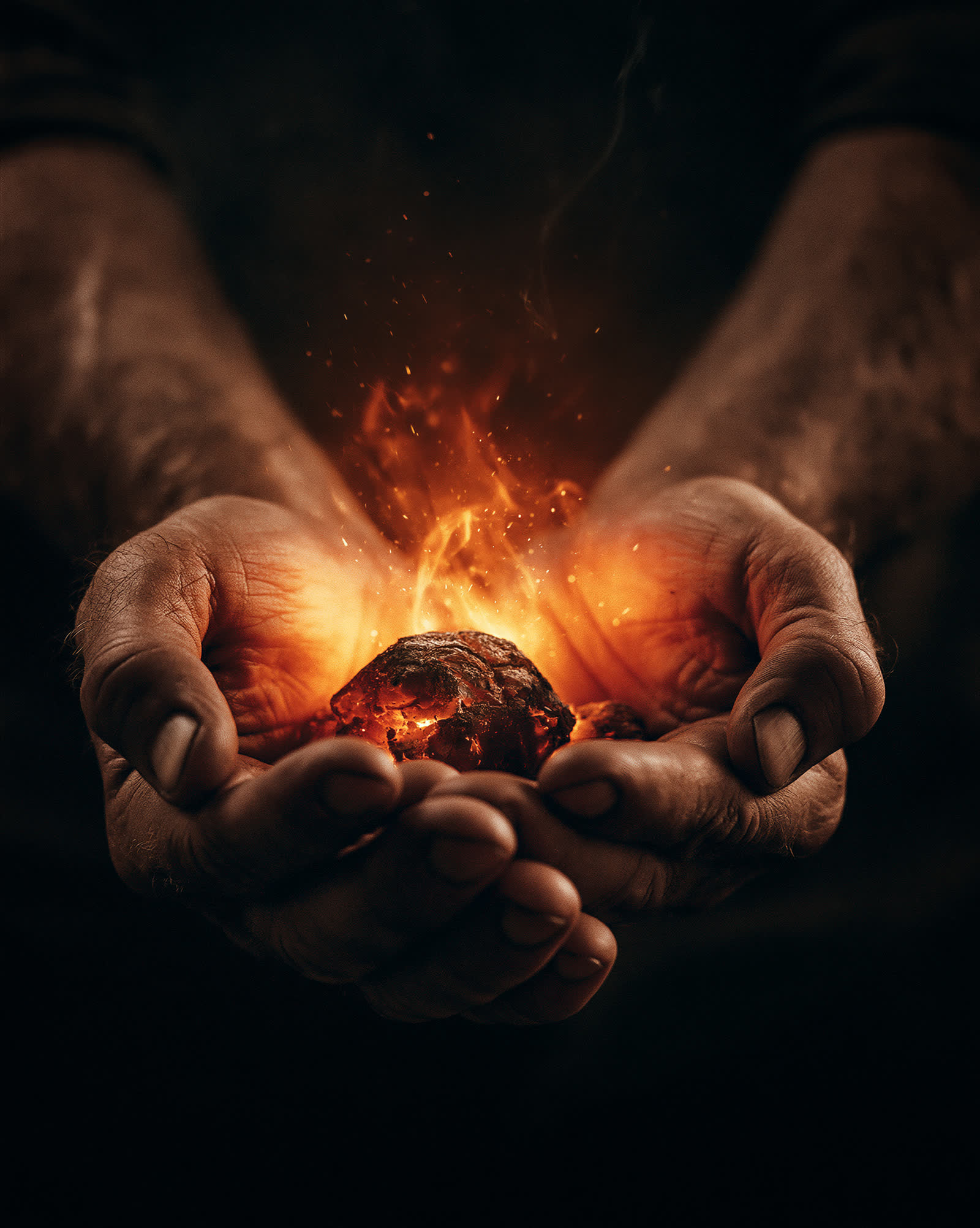 Hande wat 'n gloeiende braaikool toemaak — die vuur word aangehou