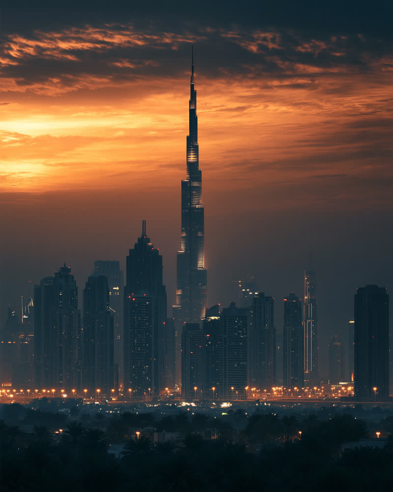Burj Khalifa silhouet teen 'n oranje skemering oor Dubai